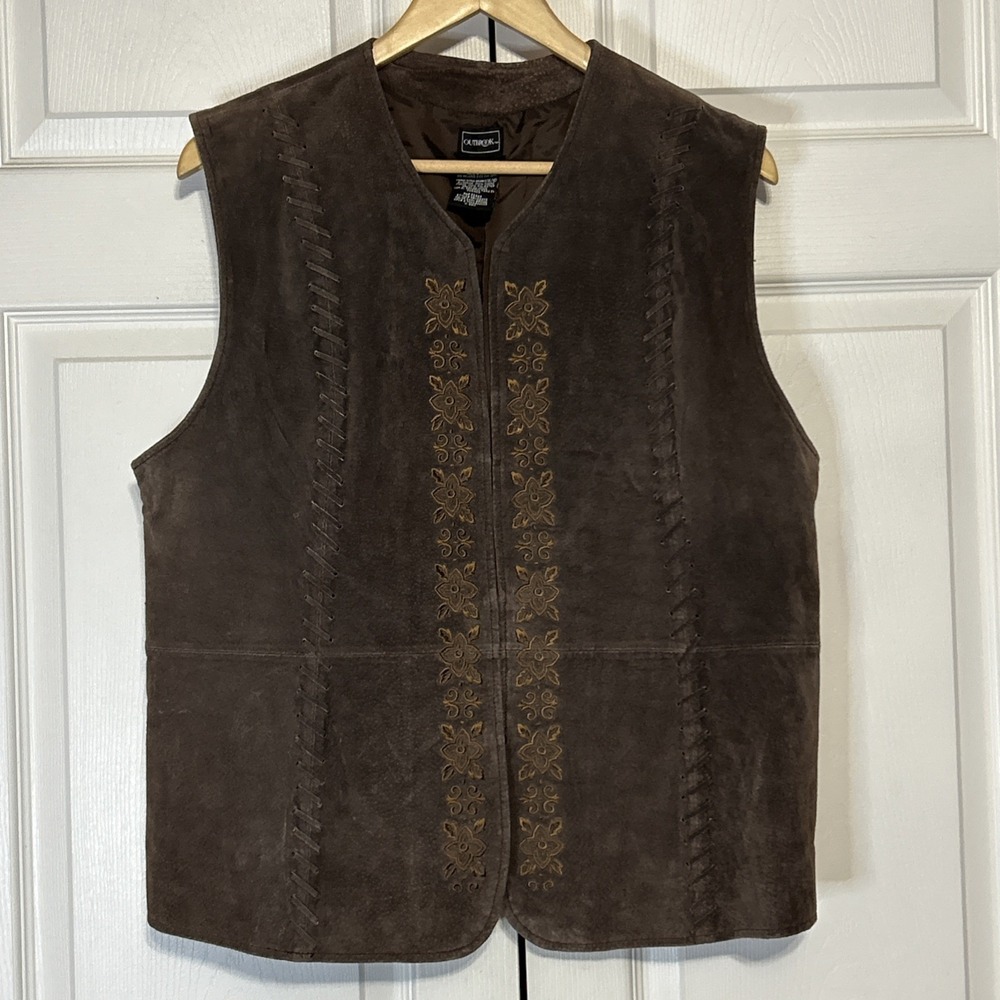 Outbrook Leather Vest Embroidered Vintage 90s Western Boho Coastal Cowgirl Brown